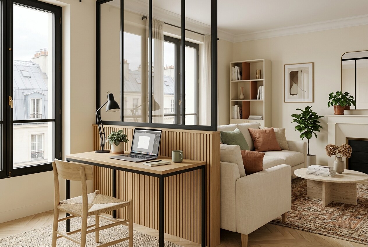 Coin bureau aménagé contre un mur clair, avec chaise, lampe et rangements