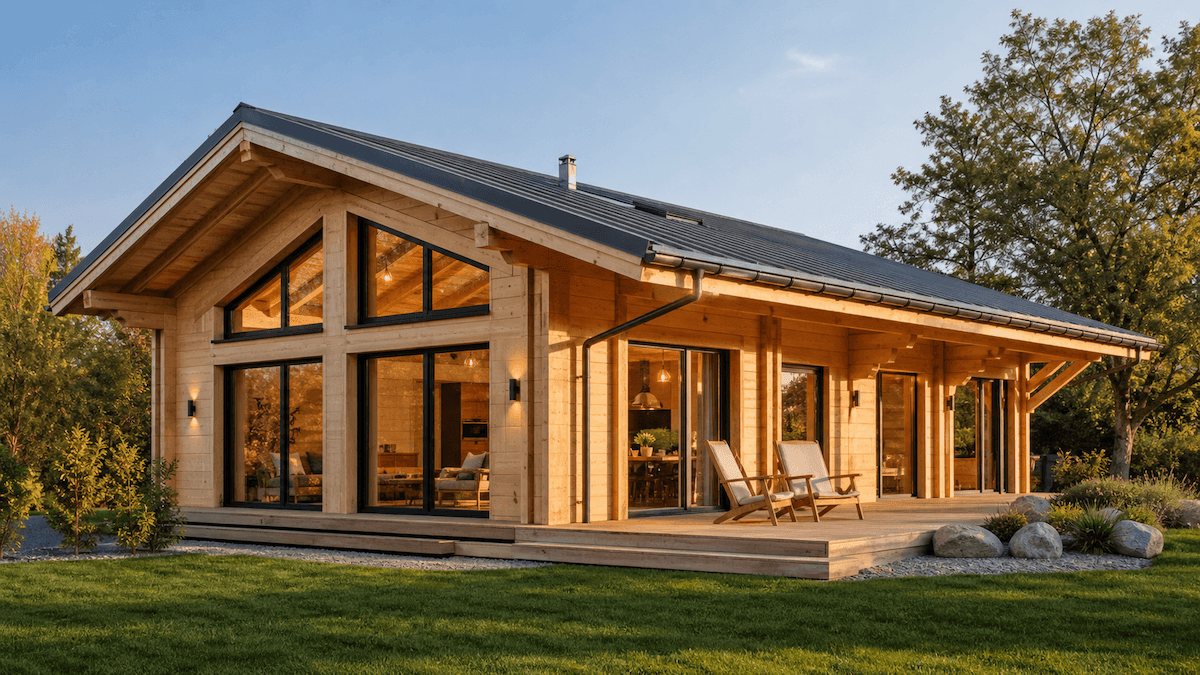 Chalet en bois en madriers d'épicéa avec terrasse et fenêtres à croisillons