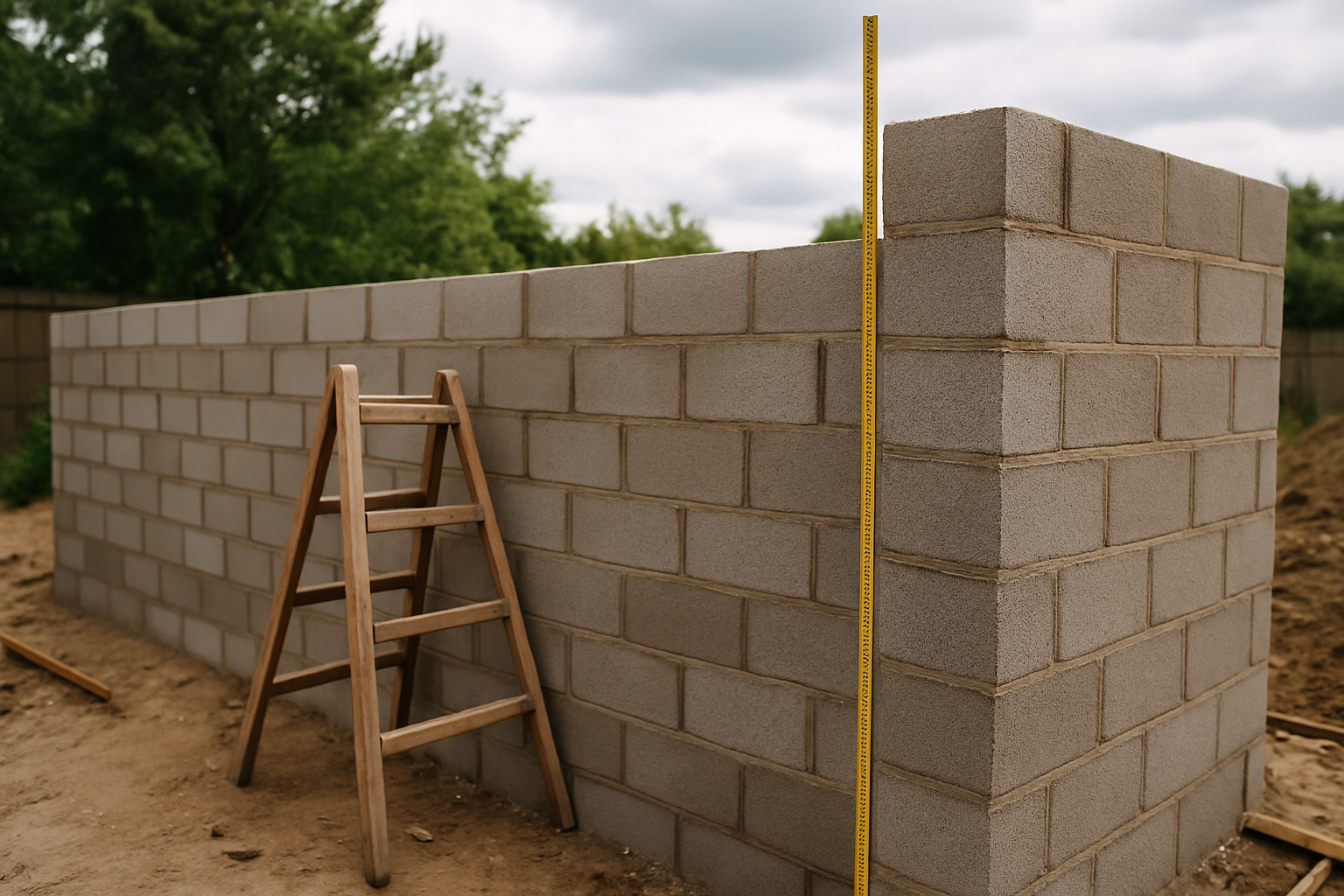 Pose de parpaings au mortier avec niveau et cordeau sur un chantier de maçonnerie